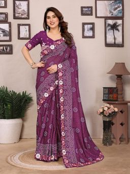 VAIRAGEE - Purple Vichitra Silk Embroidery Saree with Unstitched Blouse