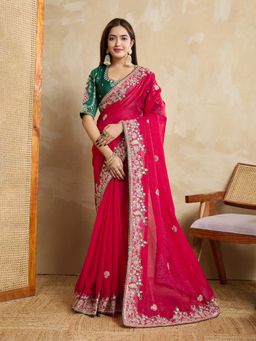 VAIRAGEE - Pink Fredy Chiffon Embroidery Saree with Unstitched Blouse