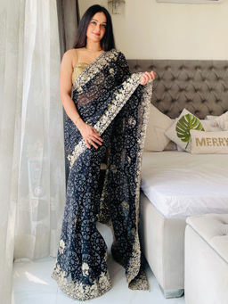 VAIRAGEE - Black Georgette Print Embroidery Saree with Unstitched Blouse
