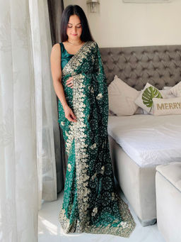 VAIRAGEE - Green Georgette Print Embroidery Saree with Unstitched Blouse