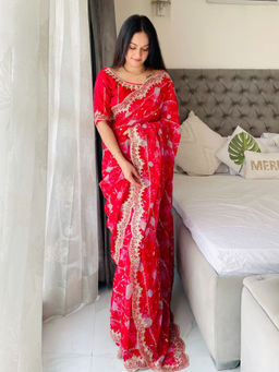 VAIRAGEE - Red Georgette Print Embroidery Saree with Unstitched Blouse