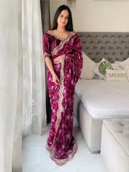 VAIRAGEE - Wine Georgette Print Embroidery Saree with Unstitched Blouse