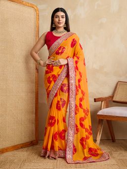 VAIRAGEE - Yellow Georgette Print Embroidery Saree with Unstitched Blouse