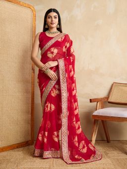 VAIRAGEE - Red Georgette Print Embroidery Saree with Unstitched Blouse