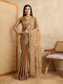 VAIRAGEE - Beige Rangoli Silk Embroidery Saree with Unstitched Blouse