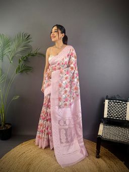 Elora - Pink Silk Floral Motifs Border Banarasi Saree with Unstitched Blouse