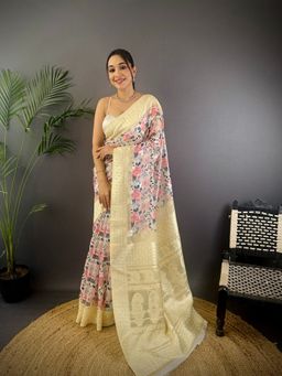 Elora - Cream Silk Floral Motifs Border Banarasi Saree with Unstitched Blouse