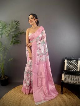 Elora - Pink Silk Floral Motifs Border Banarasi Saree with Unstitched Blouse