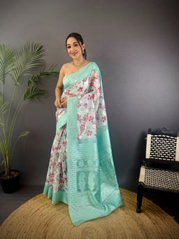 Elora - Blue Silk Floral Motifs Border Banarasi Saree with Unstitched Blouse