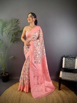 Elora - Peach Silk Floral Motifs Border Banarasi Saree with Unstitched Blouse