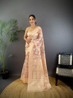 Elora - Beige Silk Floral Motifs Border Banarasi Saree with Unstitched Blouse