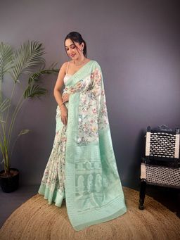 Elora - Blue Silk Floral Motifs Border Banarasi Saree with Unstitched Blouse