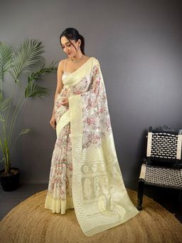 Elora - Yellow Silk Floral Motifs Border Banarasi Saree with Unstitched Blouse