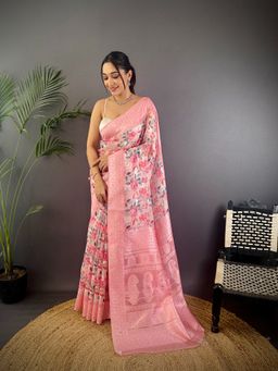 Elora - Pink Silk Floral Motifs Border Banarasi Saree with Unstitched Blouse