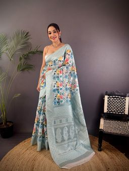 Elora - Grey Silk Floral Motifs Border Banarasi Saree with Unstitched Blouse