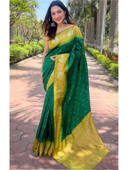 Anjaneya Sarees - Green Woven Kanjivaram Saree with Unstitched Blouse