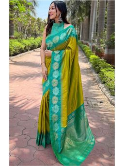 Anjaneya Sarees - Mustard Woven Kanjivaram Saree with Unstitched Blouse