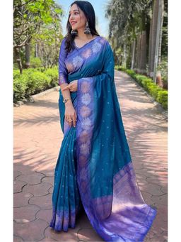 Anjaneya Sarees - Teal Woven Kanjivaram Saree with Unstitched Blouse