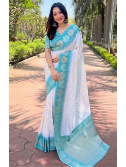 Anjaneya Sarees - White Woven Kanjivaram Saree with Unstitched Blouse