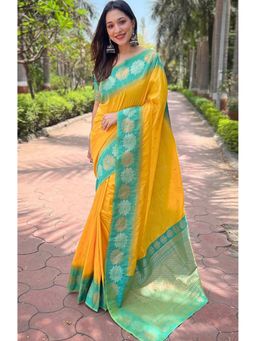 Anjaneya Sarees - Yellow Woven Kanjivaram Saree with Unstitched Blouse