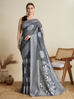 Anjaneya Sarees - Grey Woven Kanjivaram Saree with Unstitched Blouse
