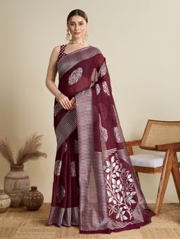 Anjaneya Sarees - Maroon Woven Kanjivaram Saree with Unstitched Blouse