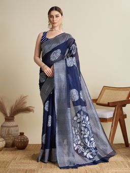 Anjaneya Sarees - Navy Blue Woven Kanjivaram Saree with Unstitched Blouse