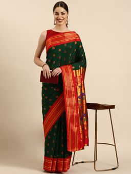 VARKALA SILK SAREES - Bottle Green Soft Silk Maharani Paithani Saree with Unstitched Blouse