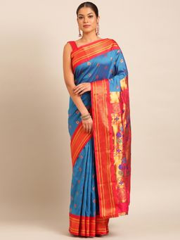 VARKALA SILK SAREES - Aqua Soft Silk Maharani Paithani Saree with Unstitched Blouse