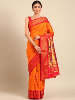 VARKALA SILK SAREES - Orange Soft Silk Maharani Paithani Saree with Unstitched Blouse