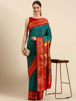 VARKALA SILK SAREES - Teal Soft Silk Maharani Paithani Saree with Unstitched Blouse