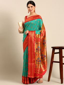 VARKALA SILK SAREES - Sea Green Soft Silk Maharani Paithani Saree with Unstitched Blouse