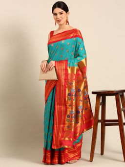 VARKALA SILK SAREES - Turquoise Soft Silk Maharani Paithani Saree with Unstitched Blouse