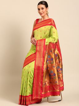 VARKALA SILK SAREES - Parrot Green Soft Silk Maharani Paithani Saree with Unstitched Blouse