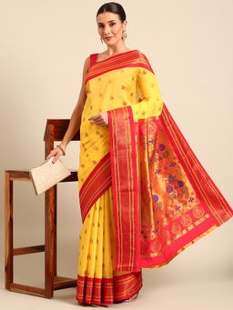 VARKALA SILK SAREES - Yellow Soft Silk Maharani Paithani Saree with Unstitched Blouse