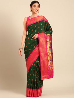 VARKALA SILK SAREES - Bottle Green Soft Silk Maharani Paithani Saree with Unstitched Blouse