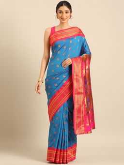 VARKALA SILK SAREES - Aqua Soft Silk Maharani Paithani Saree with Unstitched Blouse