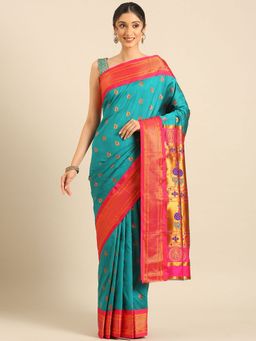 VARKALA SILK SAREES - Teal Blue Soft Silk Maharani Paithani Saree with Unstitched Blouse