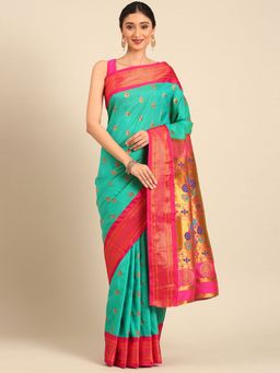 VARKALA SILK SAREES - Sea Green Soft Silk Maharani Paithani Saree with Unstitched Blouse