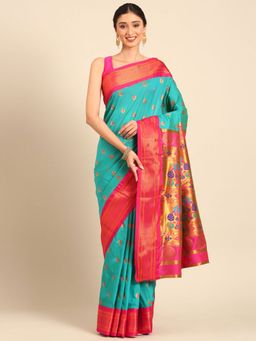 VARKALA SILK SAREES - Turquoise Soft Silk Maharani Paithani Saree with Unstitched Blouse