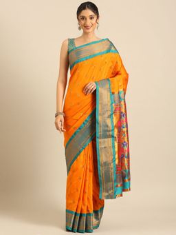 VARKALA SILK SAREES - Orange Soft Silk Maharani Paithani Saree with Unstitched Blouse