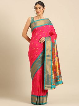 VARKALA SILK SAREES - Hot Pink Soft Silk Maharani Paithani Saree with Unstitched Blouse