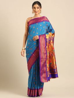 VARKALA SILK SAREES - Blue Soft Silk Maharani Paithani Saree with Unstitched Blouse