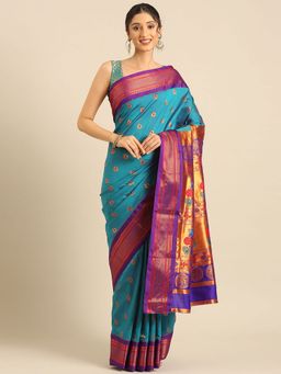 VARKALA SILK SAREES - Teal Soft Silk Maharani Paithani Saree with Unstitched Blouse