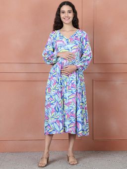 Secret Wish - Blue Floral Rayon Maternity Dress Calf Length