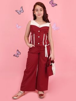 Cutecumber - Girls Red Striped Summer Party Wear Co-Ord Set with Handbag