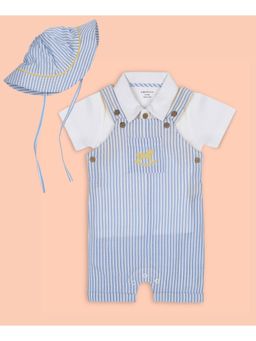 My Milestones - Cotton Half Sleeves Striped Dungaree and Polo T-shirt With Hat - Blue
