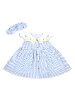 My Milestones - Cotton Dolce Limone Stripes Dress With Hairband - Blue