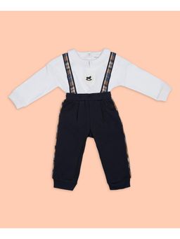 My Milestones - Cotton Full Sleeves Tartan Dungarees and T-shirt- White