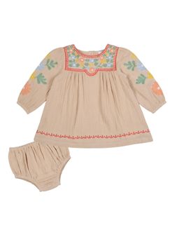 My Milestones - Cotton Full Sleeves Embroidered Dress With Bloomer -Beige